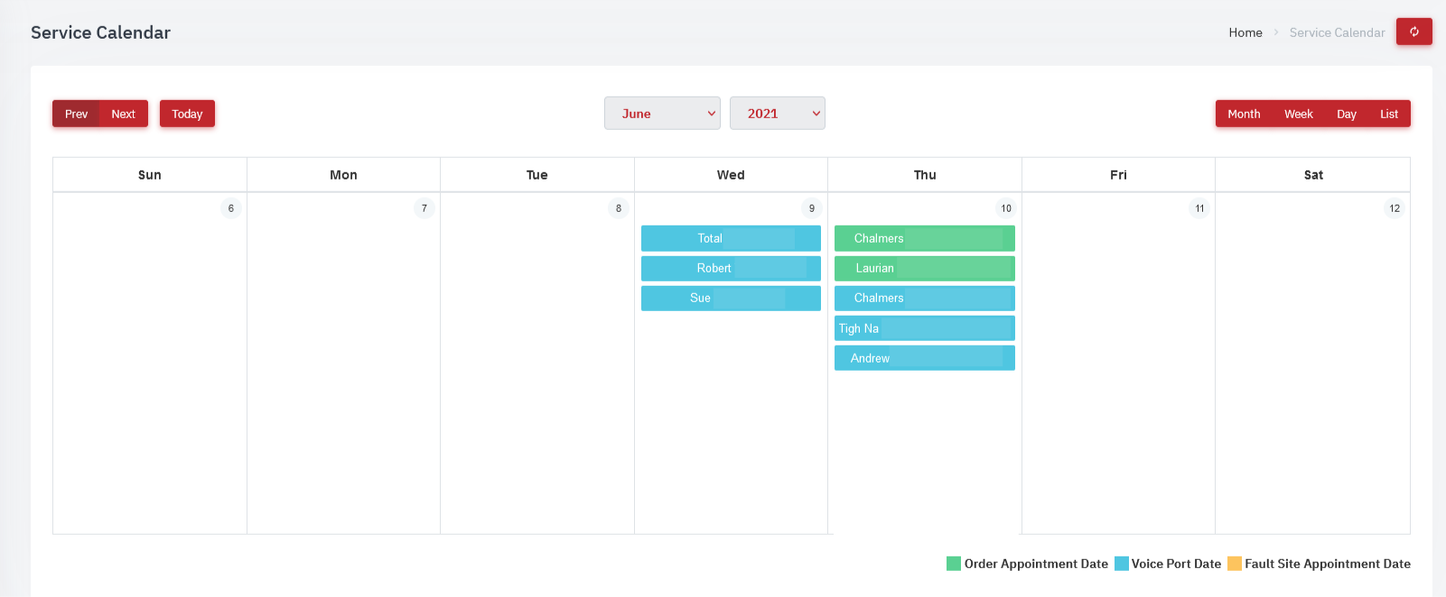 SAM service calendar