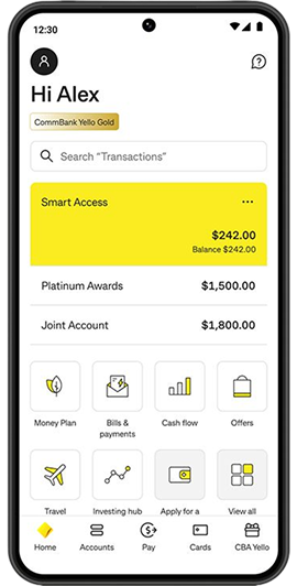 CommBank app home screen showing CommBank Yello