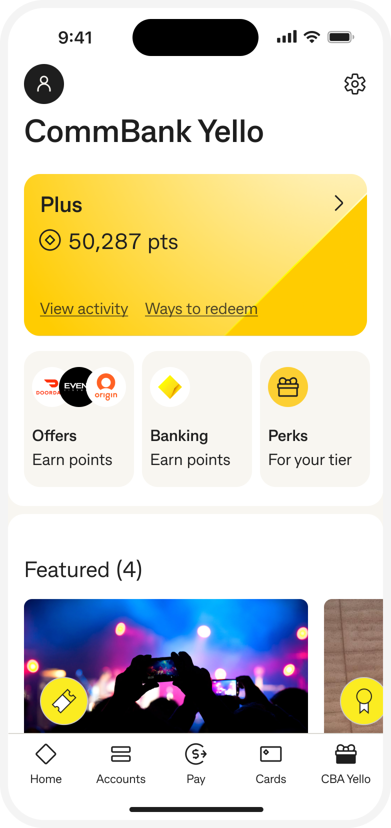 CommBank app home screen showing CommBank Yello